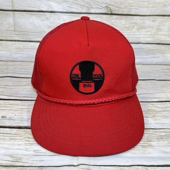 VTG Die Tool Engineer Trucker Hat Red Snapback Cap Yupoong Mesh Embroidered 90s - Picture 2 of 13